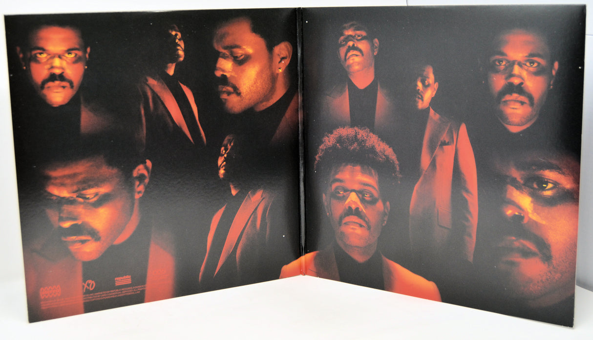 Foldout poster with multiple portraits of a man on a dark background