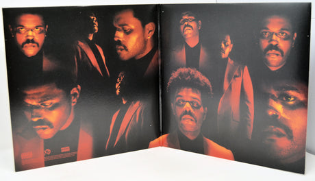 Foldout poster with multiple portraits of a man on a dark background
