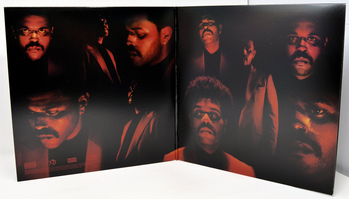 Vinyl record cover with a collage of a man's face in various poses on a black background.