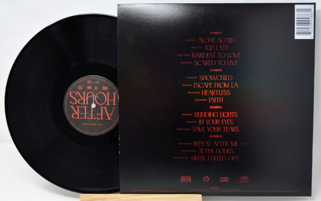 Vinyl record with cover displaying tracklist on a white background