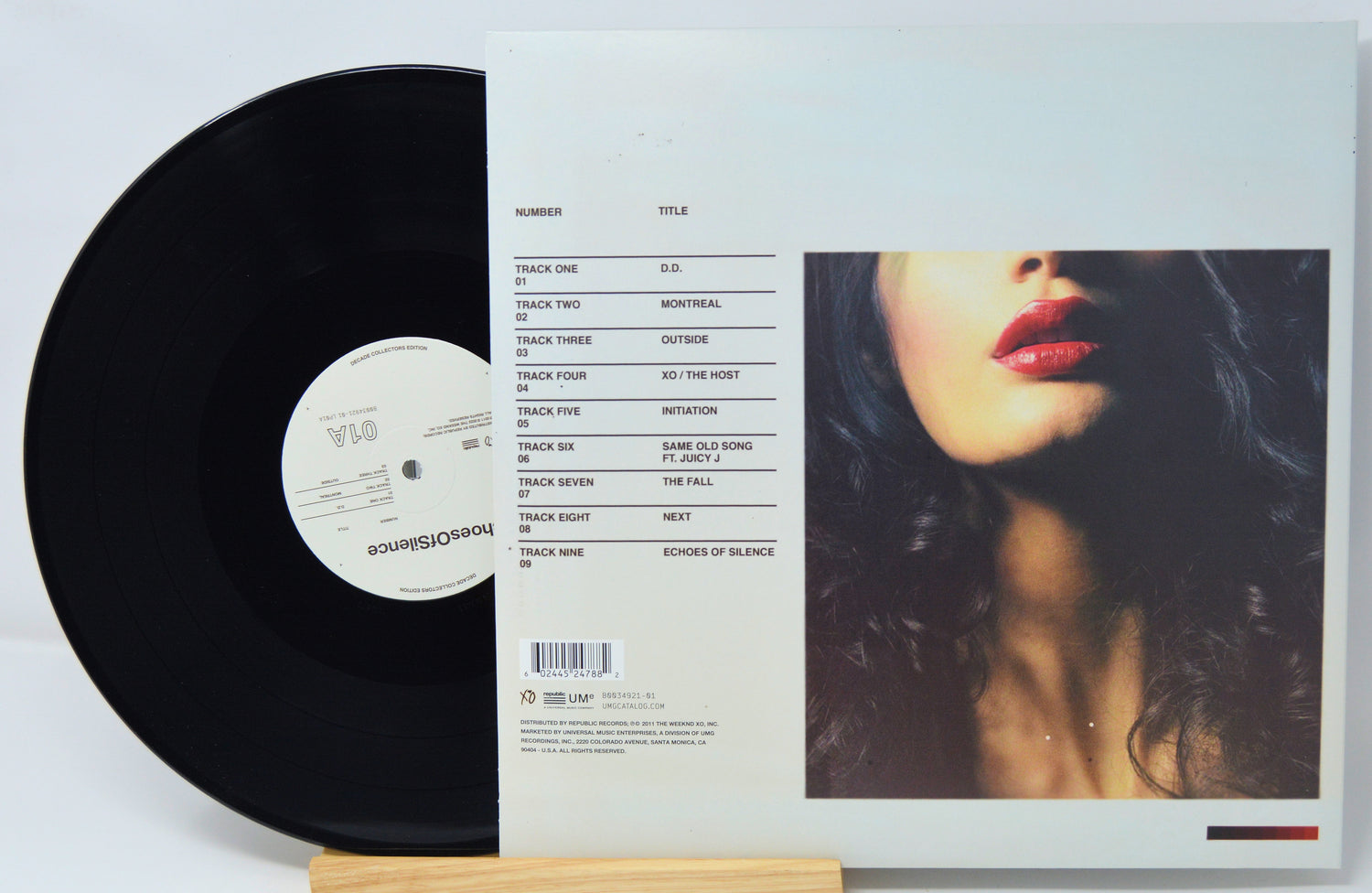 Vinyl record with cover featuring a woman's face on a light gray background