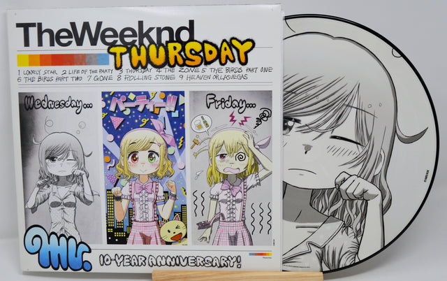 Vinyl record with 'The Weeknd' artwork and packaging on a white background