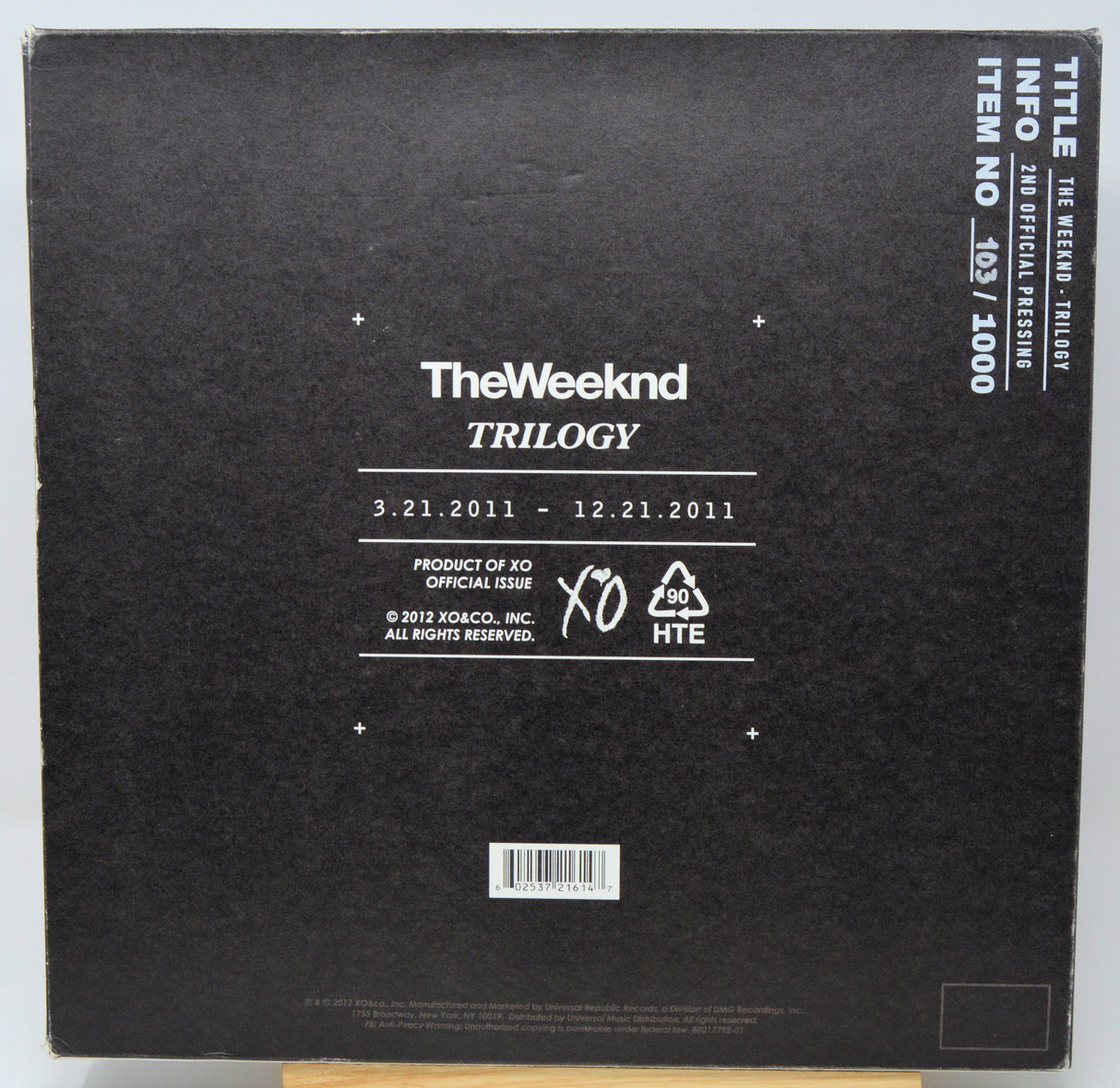 Back cover of a music album by The Weeknd with branding and release information.