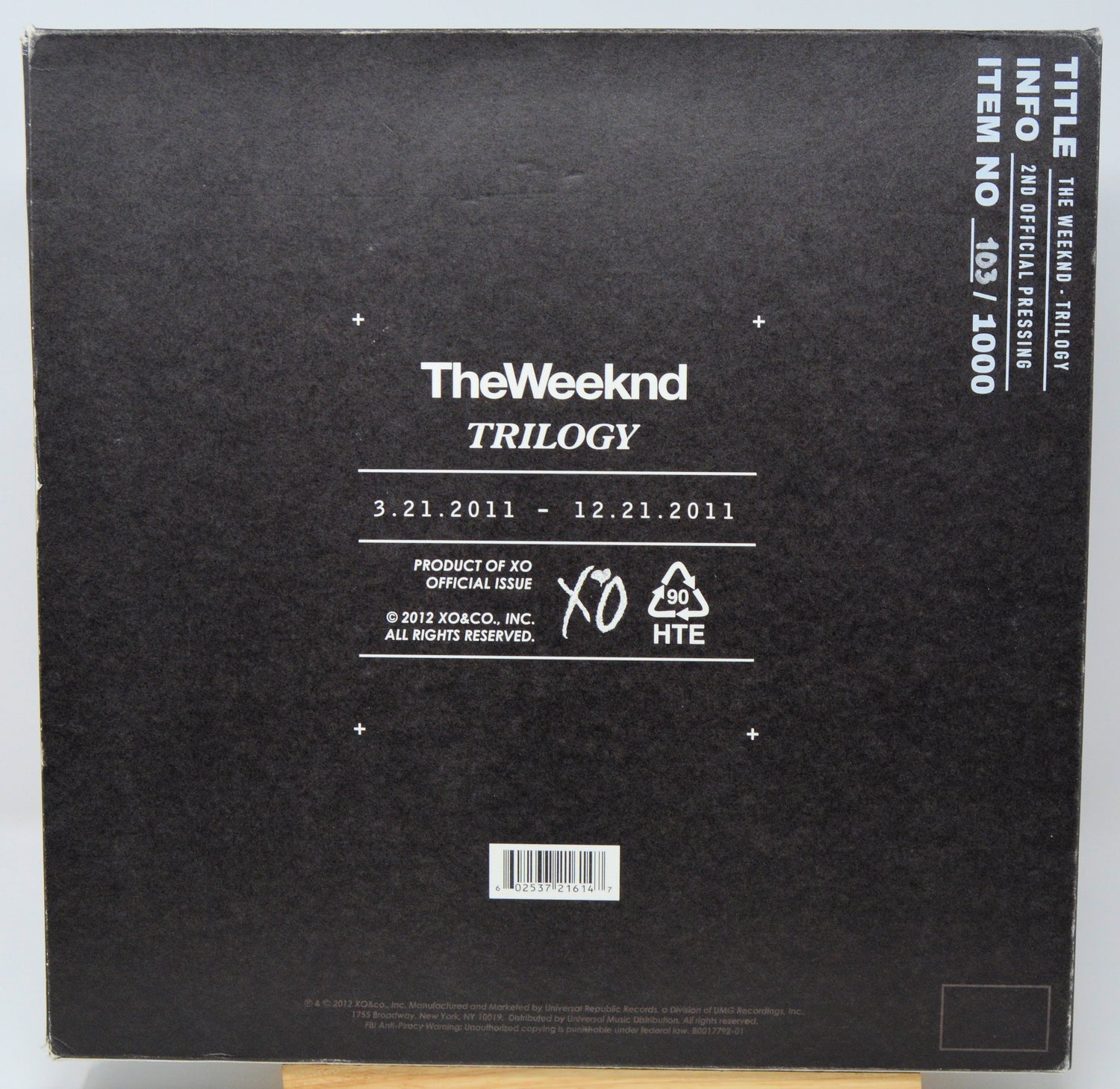 Back cover of a music album by The Weeknd with branding and release information.