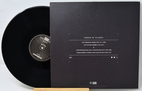 Black vinyl record with cover displaying tracklist on a white background