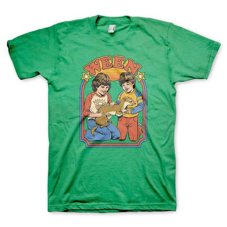 Green Ween t-shirt with retro illustration of two kids playing with a ferret under Ween logo