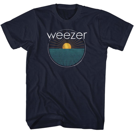 Navy blue t-shirt with 'weezer' logo featuring a sun and grid design on a white background