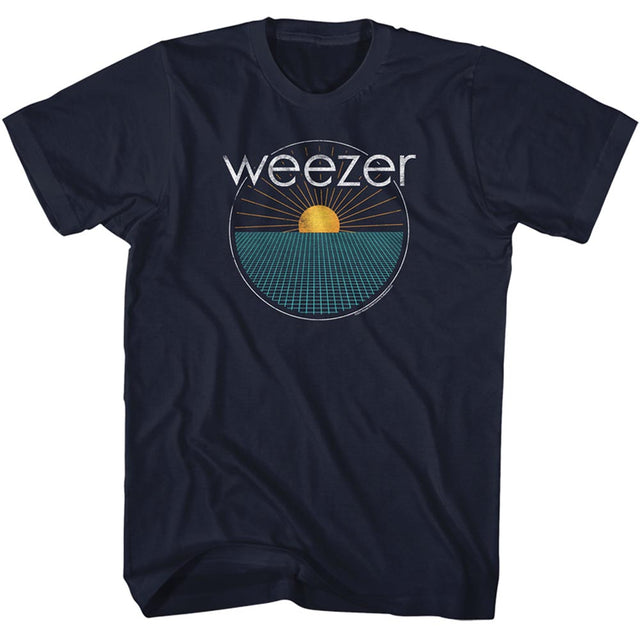 Navy blue t-shirt with 'weezer' logo featuring a sun and grid design on a white background