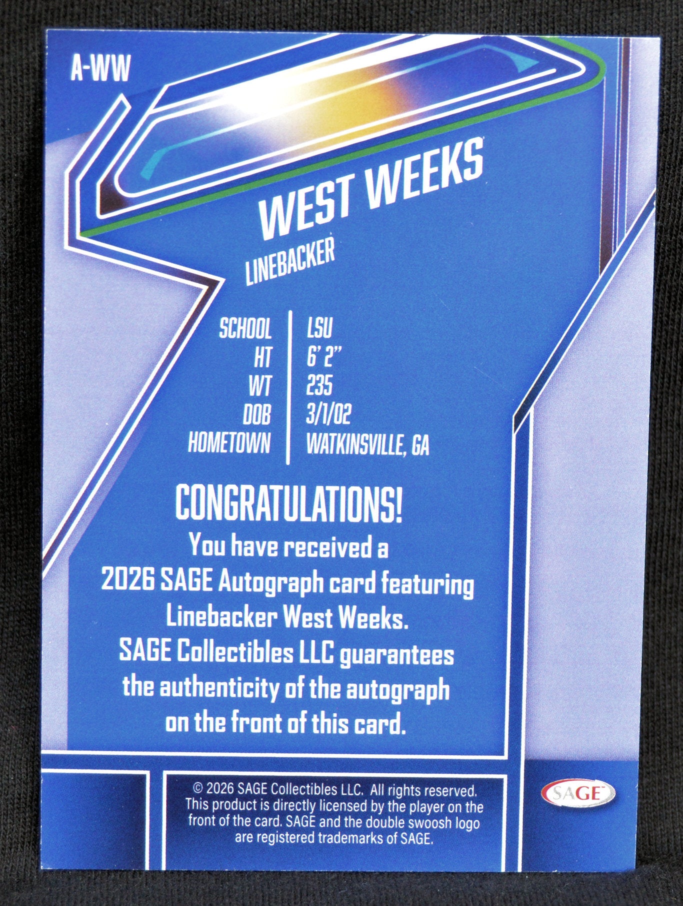 SAGE Autograph card for Linebacker West Weeks with blue and white design