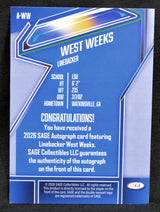 SAGE Autograph card for Linebacker West Weeks with blue and white design