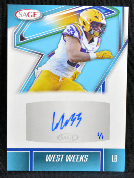 Football trading card of a player in a yellow and blue uniform with autograph on a blue and white background.