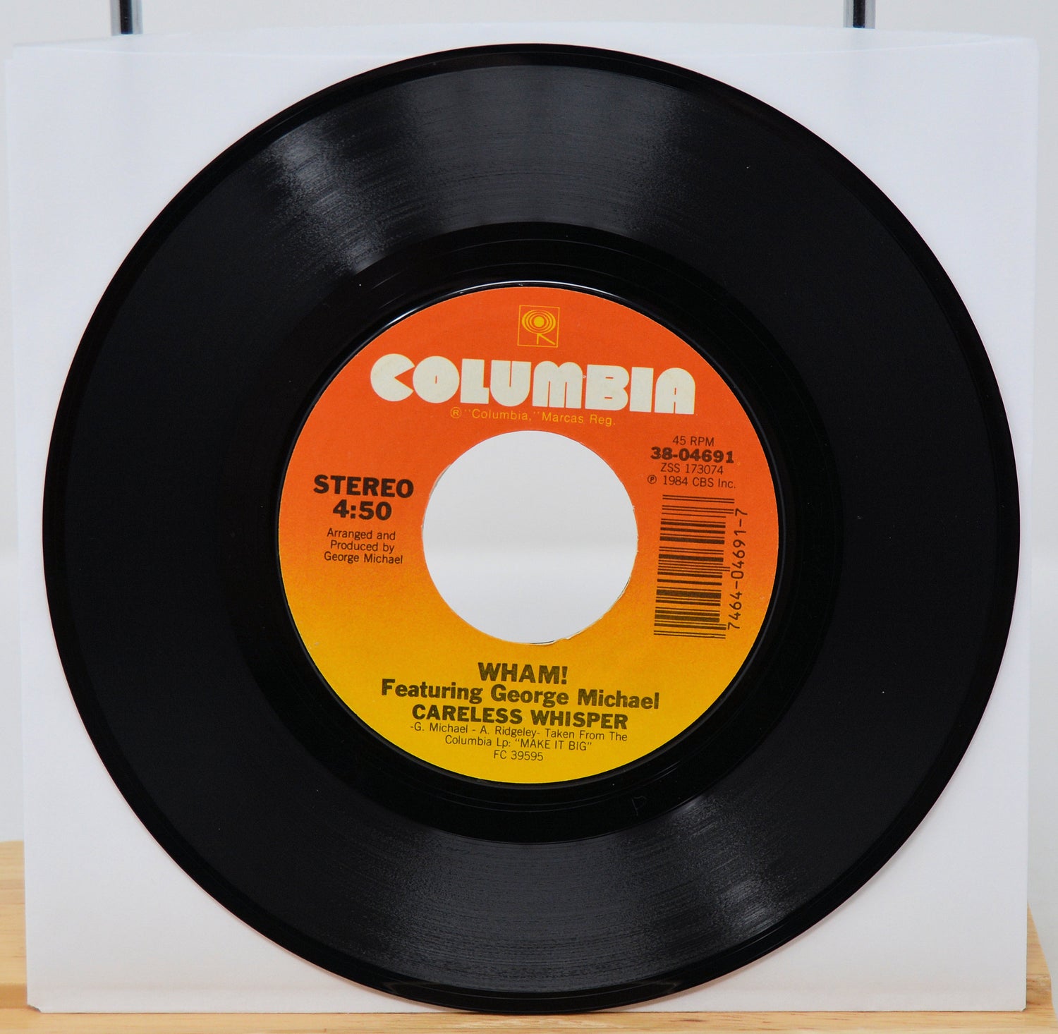 Vinyl record with Columbia label featuring George Michael's 'Careless Whisper'.