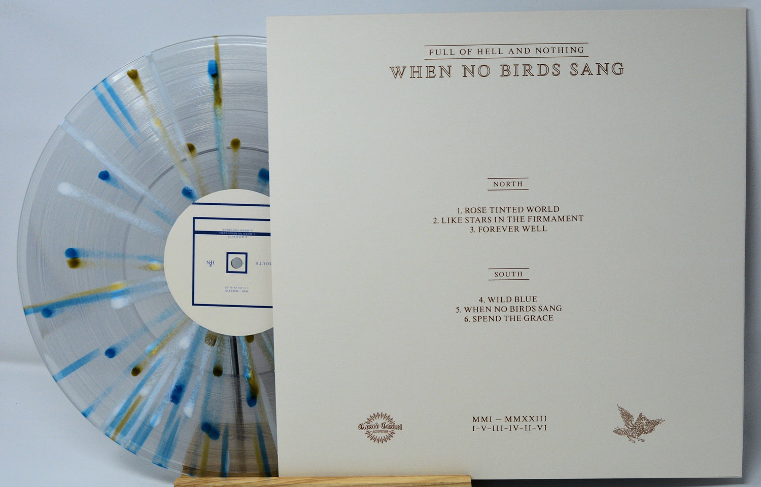 When No Birds Sang limited edition clear vinyl LP with blue and gold splatter, tracklist visible