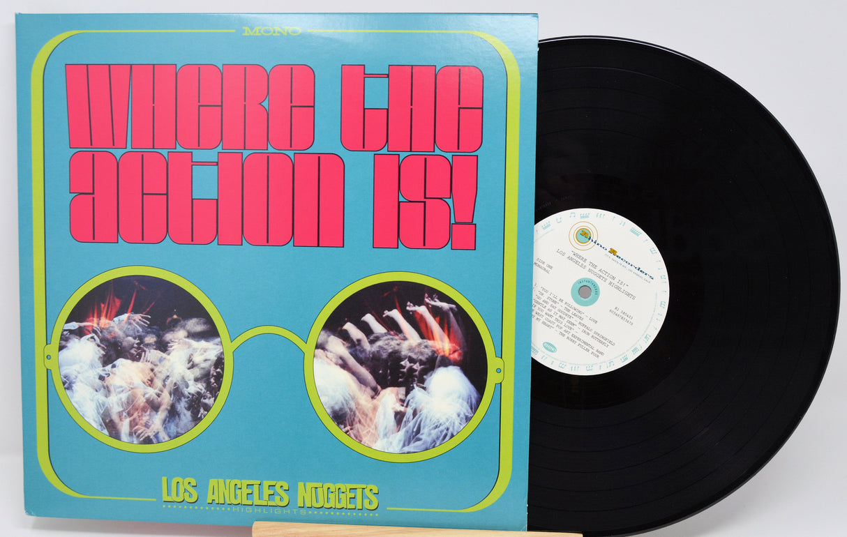 Front cover with bold retro typography and vinyl record of 'Where the Action Is! Los Angeles Nuggets', highlights edition