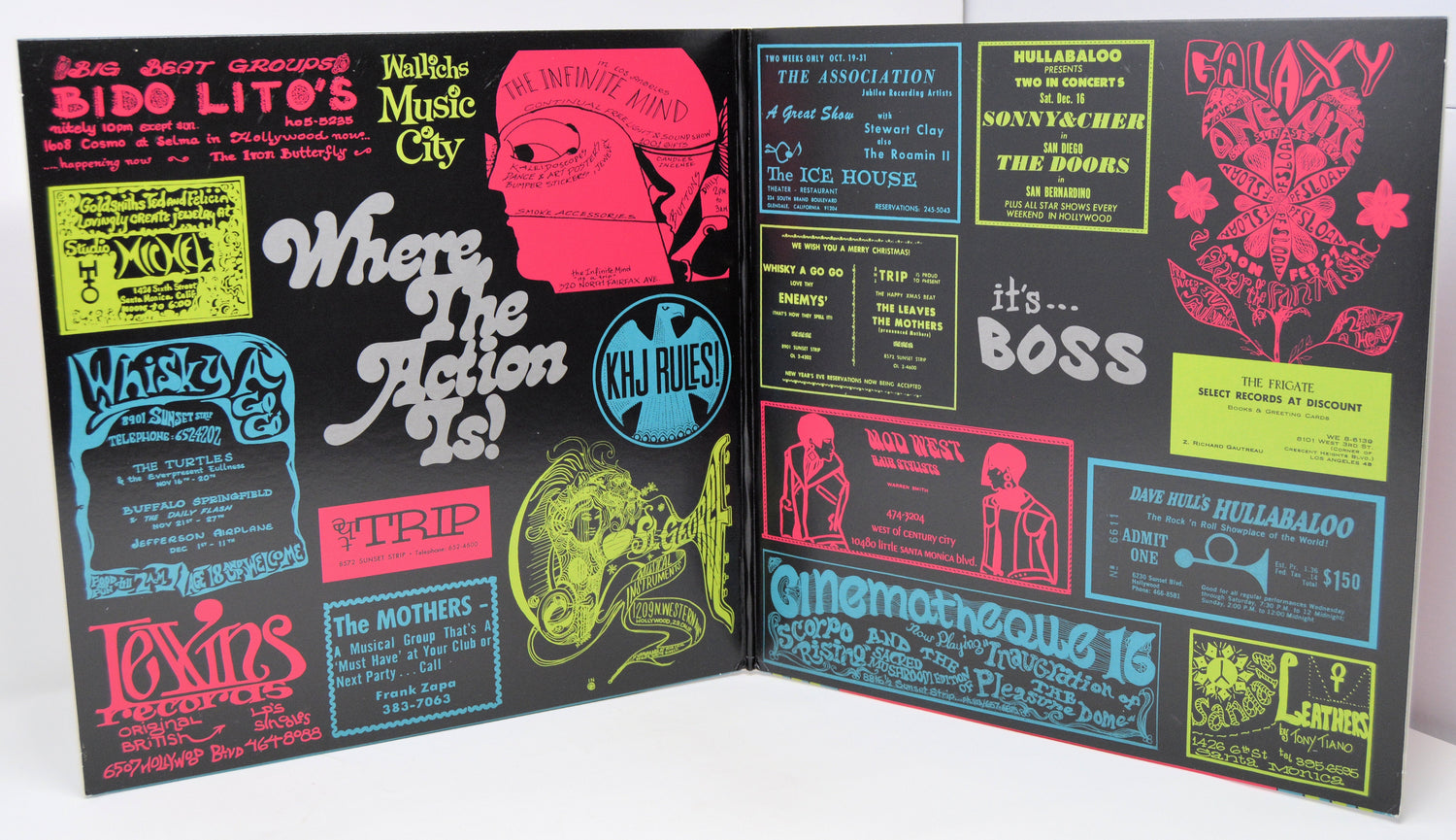 Colorful double gatefold of 'Where the Action Is! Los Angeles Nuggets' album with vintage 60s concert ads