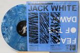 Vinyl record with blue marbled design and a patterned cover featuring 'Jack White' and 'Dawes'.
