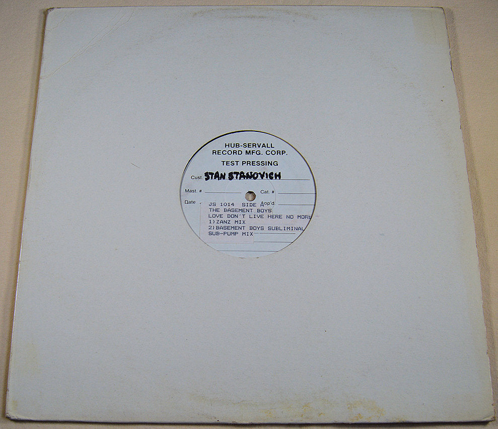 Front view of white vinyl sleeve showing Hub-Servall Basement Boys test pressing label