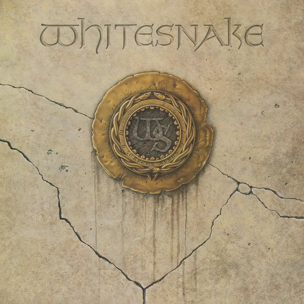 Album cover with 'whitesnake' text and emblem on a textured beige background