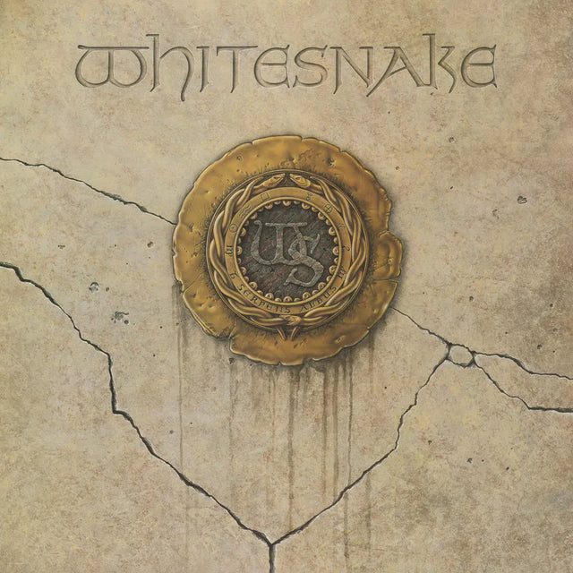 Album cover with 'whitesnake' text and emblem on a textured beige background