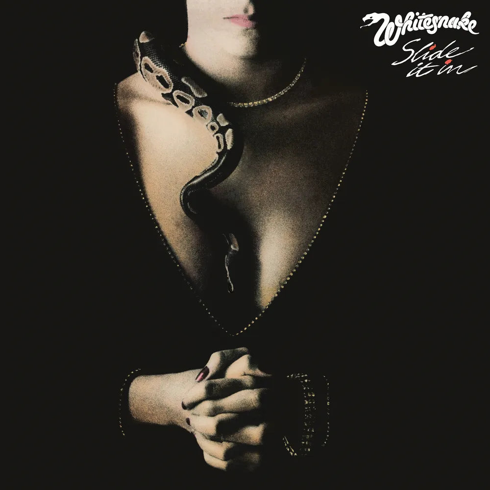 Album cover of 'Slide It In' by Whitesnake with a black and white design.
