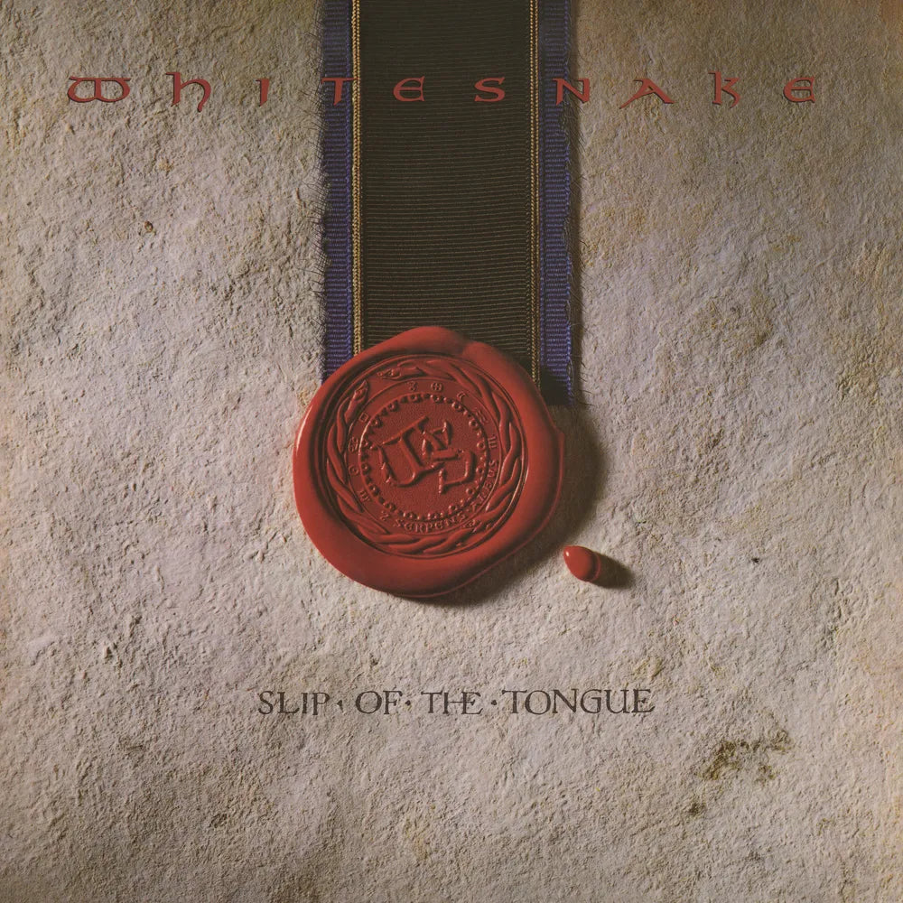 Album cover for 'Slip of the Tongue' by Whitesnake with a red wax seal and ribbon on a textured beige background.