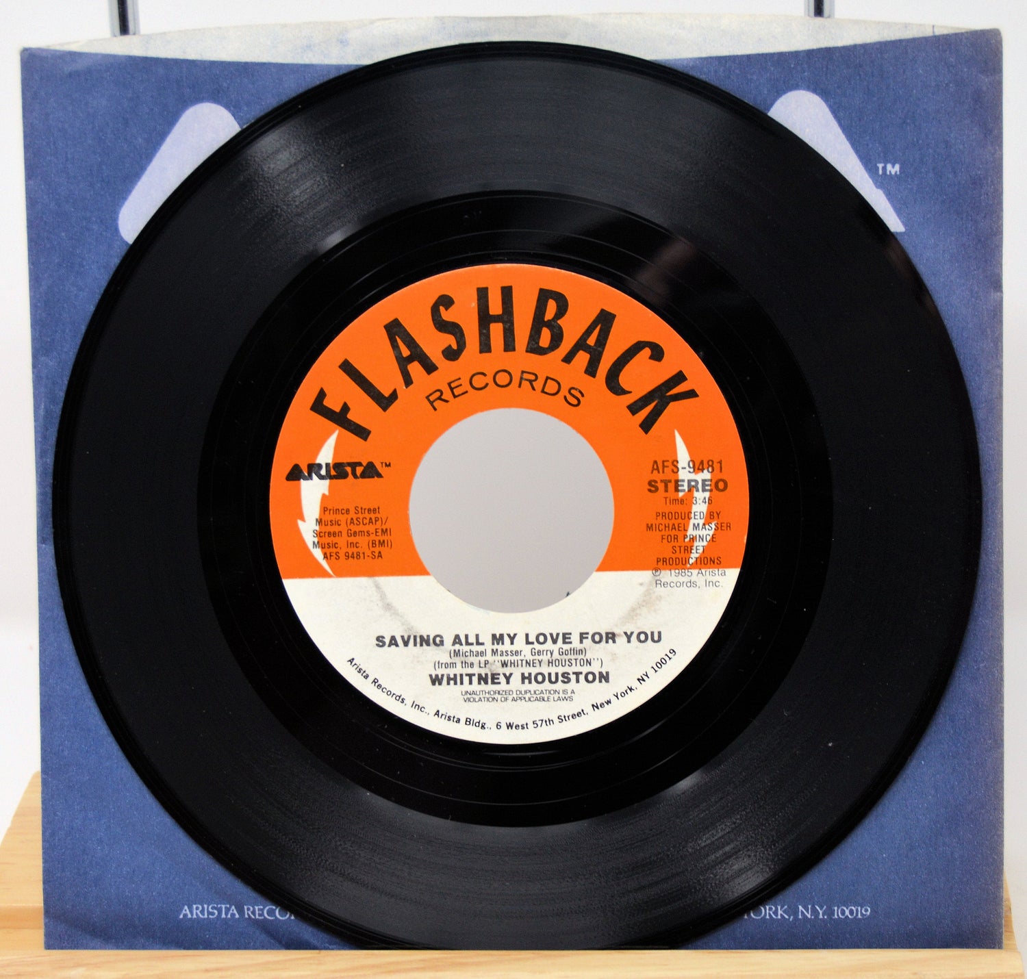 Whitney Houston 'Saving All My Love For You' 45 RPM vinyl single by Flashback Records in sleeve