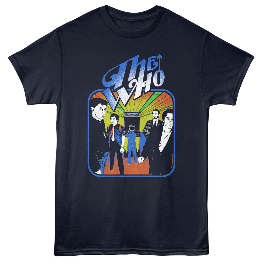Black t-shirt with 'The Who' band graphic on a white background