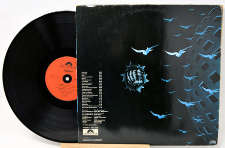 Vinyl record with cover featuring blue bird illustrations on a black background