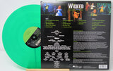 Back cover and green vinyl of Wicked Broadway Original Cast Recording LP, showcasing tracklist and production credits