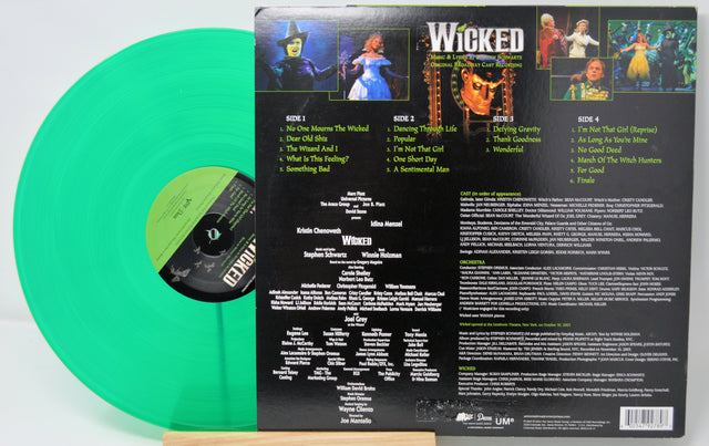 Back cover and green vinyl of Wicked Broadway Original Cast Recording LP, showcasing tracklist and production credits