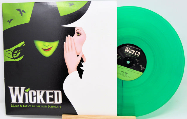 Wicked Broadway musical green vinyl record with illustrated cover art of Elphaba and Glinda