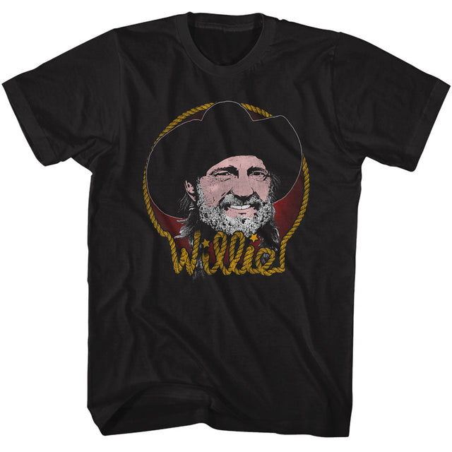 Black t-shirt featuring a graphic of a bearded man in a cowboy hat with the word 'Willie' in rope lettering