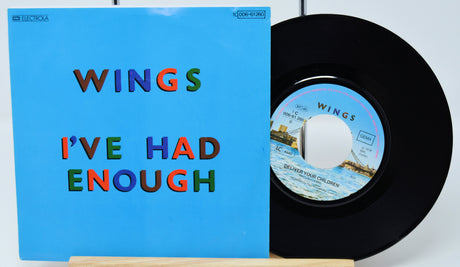 Vinyl record with 'Wings' cover featuring colorful text on a blue background