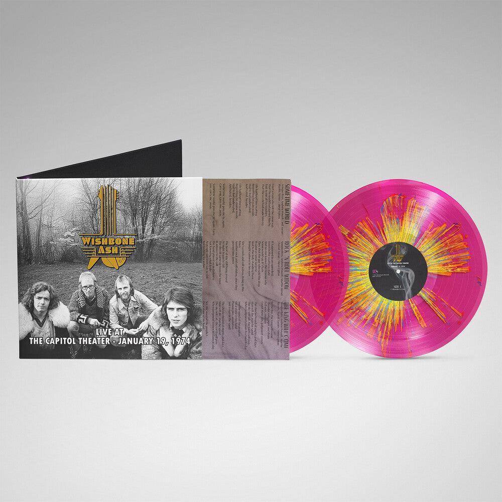 Colorful vinyl records with black and white cover featuring the band 'Wishbone Ash' on a gray background