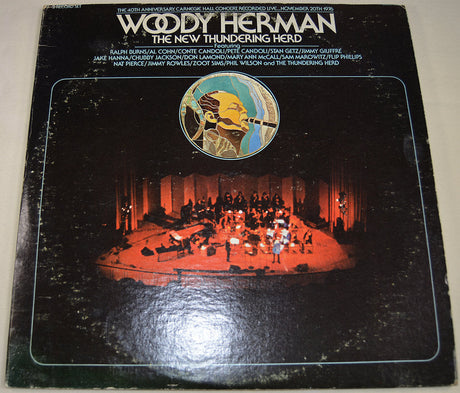 Front cover of Woody Herman's 40th Anniversary Carnegie Hall Concert vinyl with band illustration