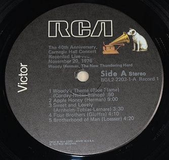 RCA Victor vinyl record label for Woody Herman's 40th Anniversary Carnegie Hall Concert
