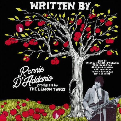 Retro-inspired album cover for 'Written By Ronnie D'Addario' featuring a vibrant apple tree illustration and musician photo.