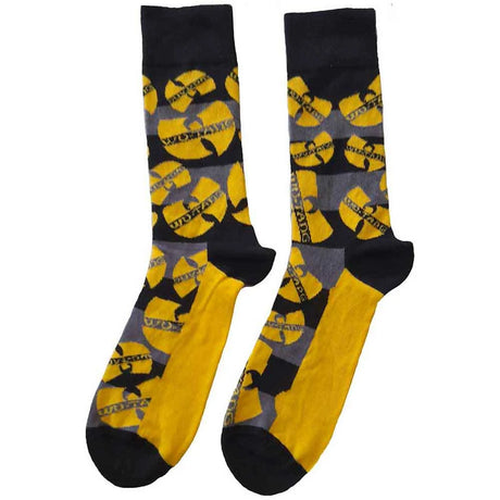 Pair of socks with Wu-Tang Clan logo on a white background