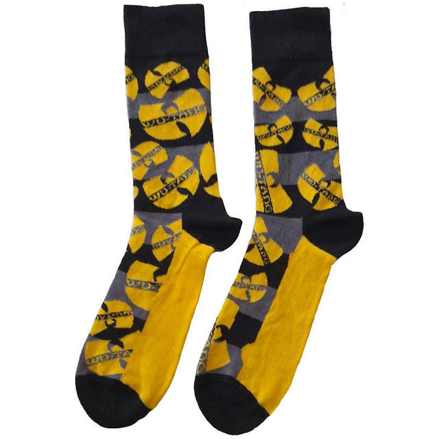 Pair of socks with Wu-Tang Clan logo on a white background