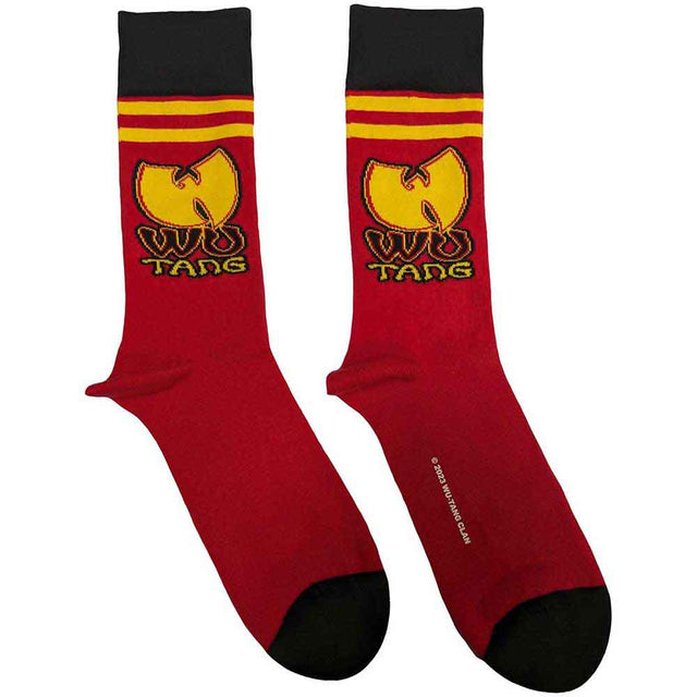 A pair of red and black striped socks with the Wu Tang Clan logo and the brand name 'Rock Off' on the ankle area.