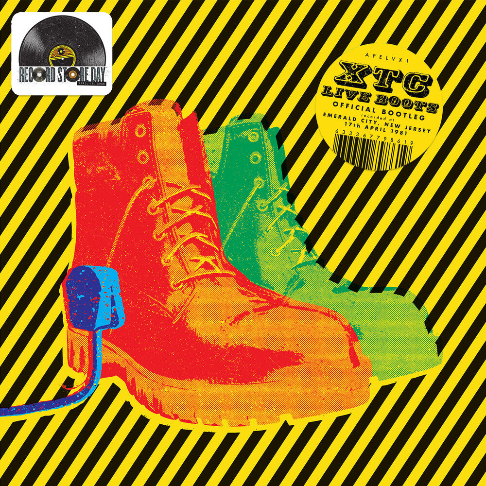 Colorful boots on a black and yellow striped background with 'Record Store Day' logo.