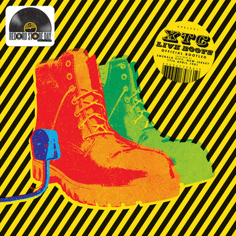 Colorful boots on a black and yellow striped background with 'Record Store Day' logo.
