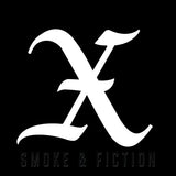 A white 'X' on a black background with the words 'SMOKE & FICTION' below it.