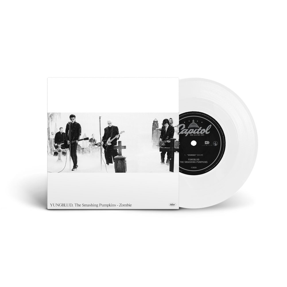 Vinyl record with a black and white album cover featuring a band on a white background