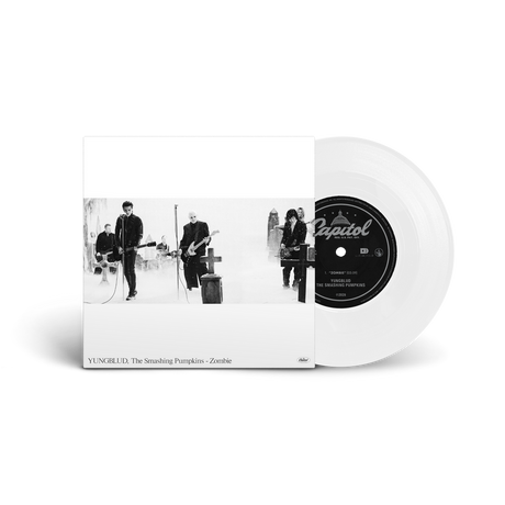 Vinyl record with a black and white album cover featuring a band on a white background