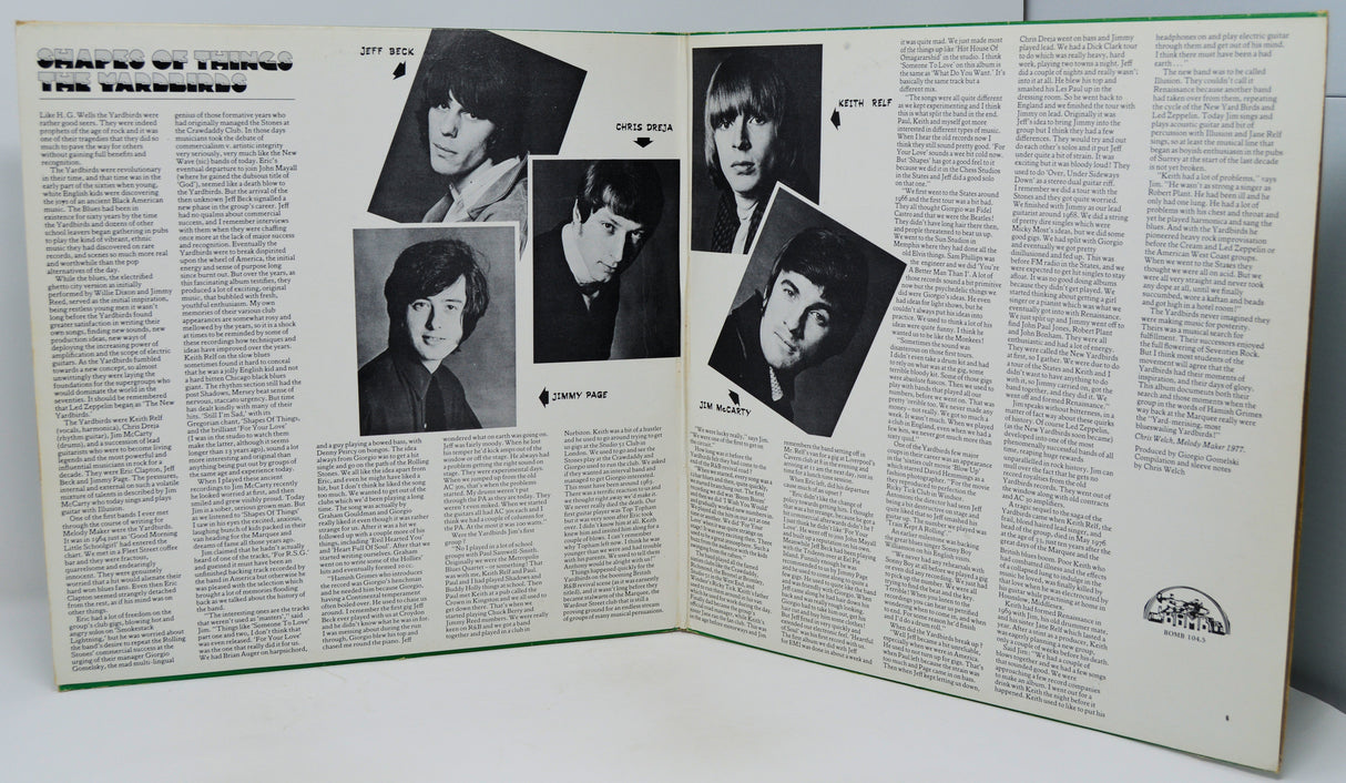 Album liner notes with black and white photos of a band on a white background