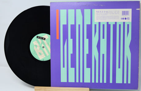 Vinyl record with cover displaying a colorful album design on a white background