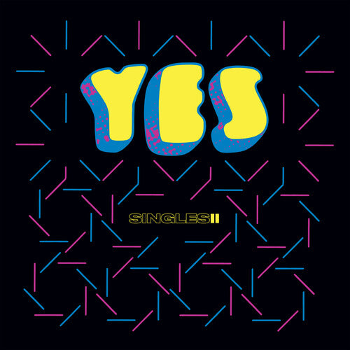 A vinyl record cover for 'Yes - Singles 2' featuring a colorful geometric pattern with the 'Yes' band name in bold yellow letters on a black background.