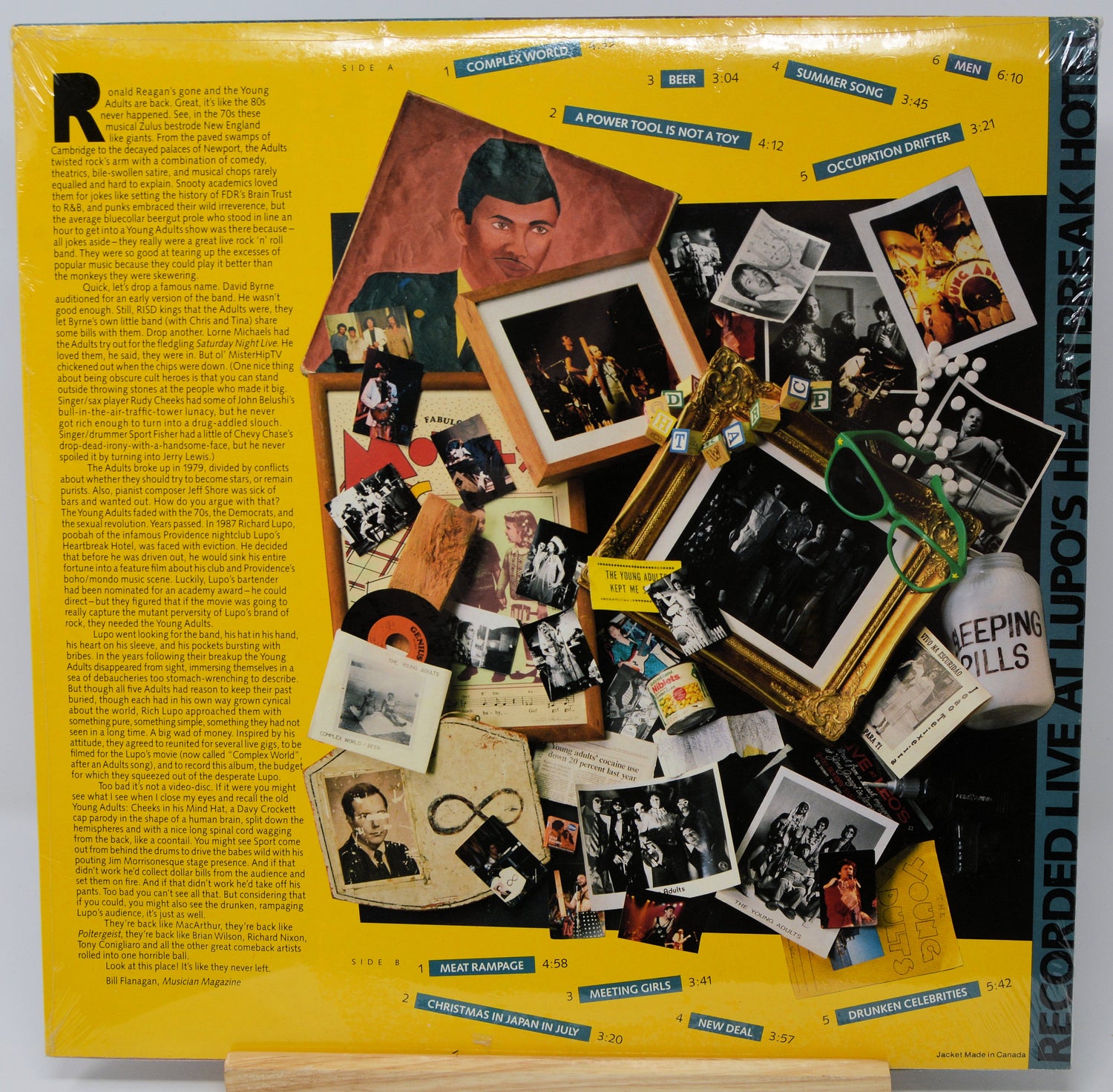 Vinyl record cover with a collage of photos and text on a yellow background