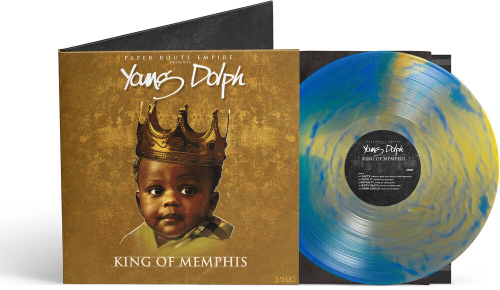 Vinyl record with gold and blue design featuring a child wearing a crown, titled 'King of Memphis' by Young Dolph.